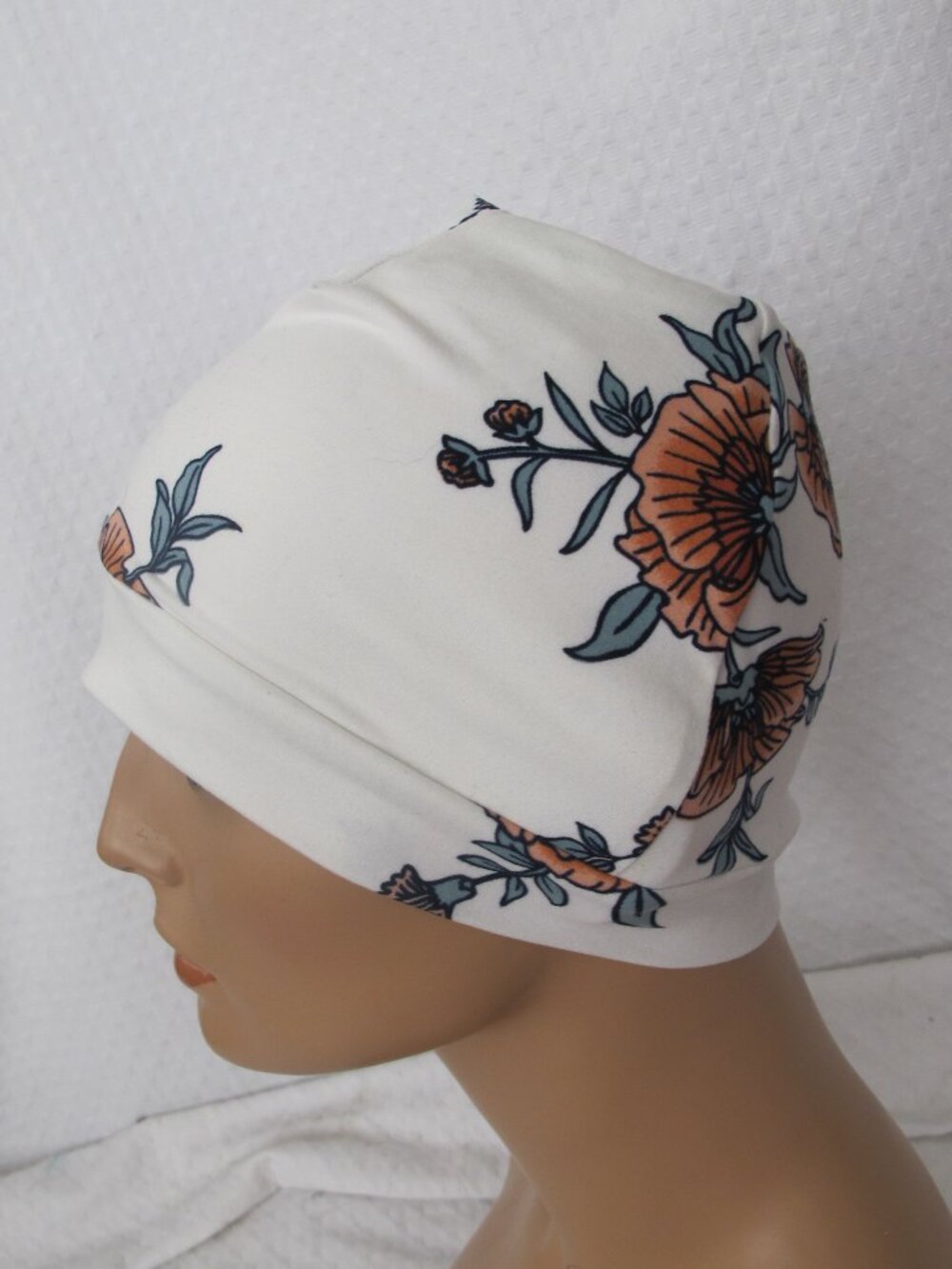 Handmade White Floral Print Messy Bun/Ponytail Hat